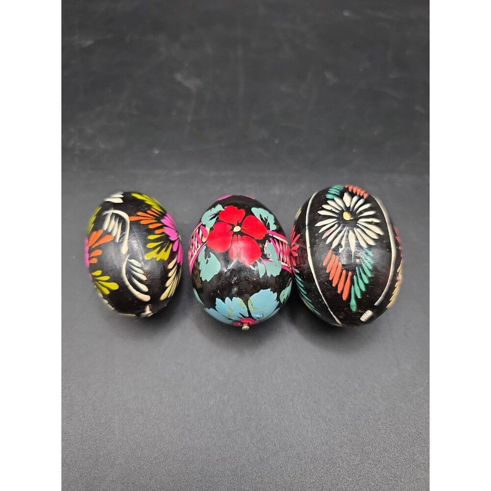 Set Of 3 Vintage Lot Mixed Style/Size Handpainted Wooden Eggs Unsigned